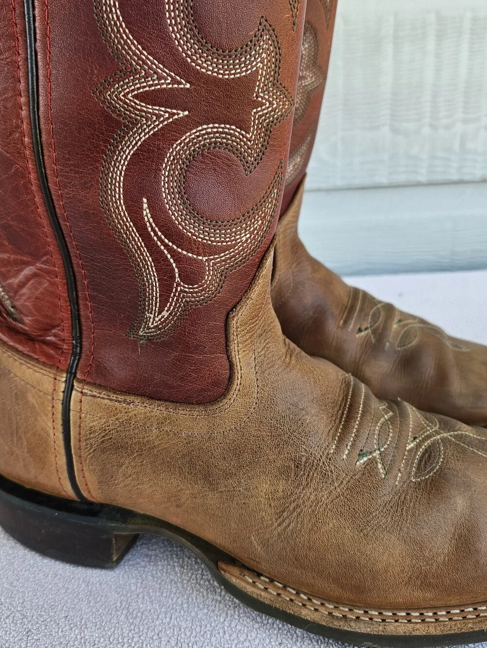 Old West Broad Square Toe Leather Western Cowboy Boots Youth SZ 5.5 Brown Red